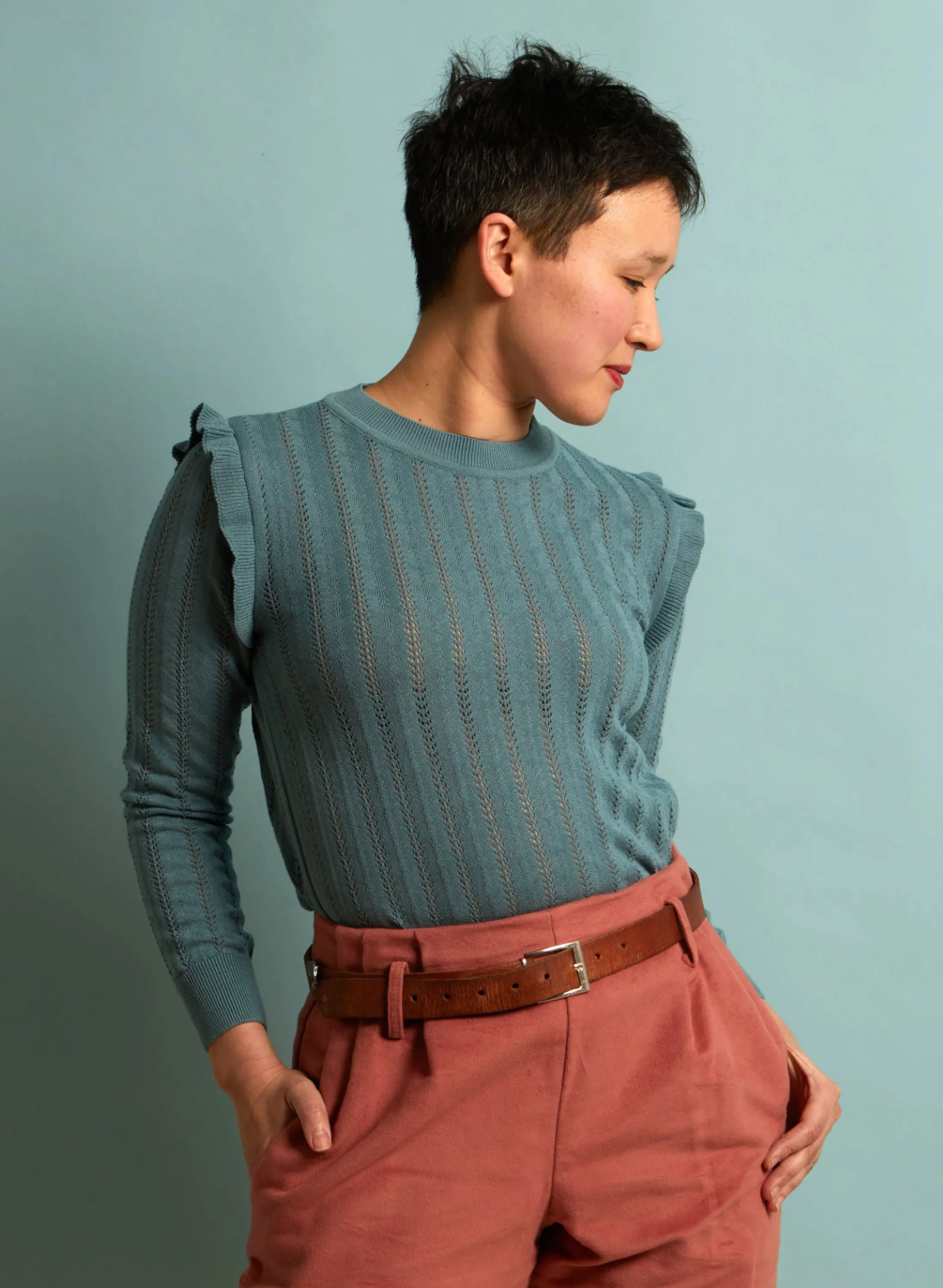 Palava Diana - Mineral Blue Ruffle Knitted Top Sale
