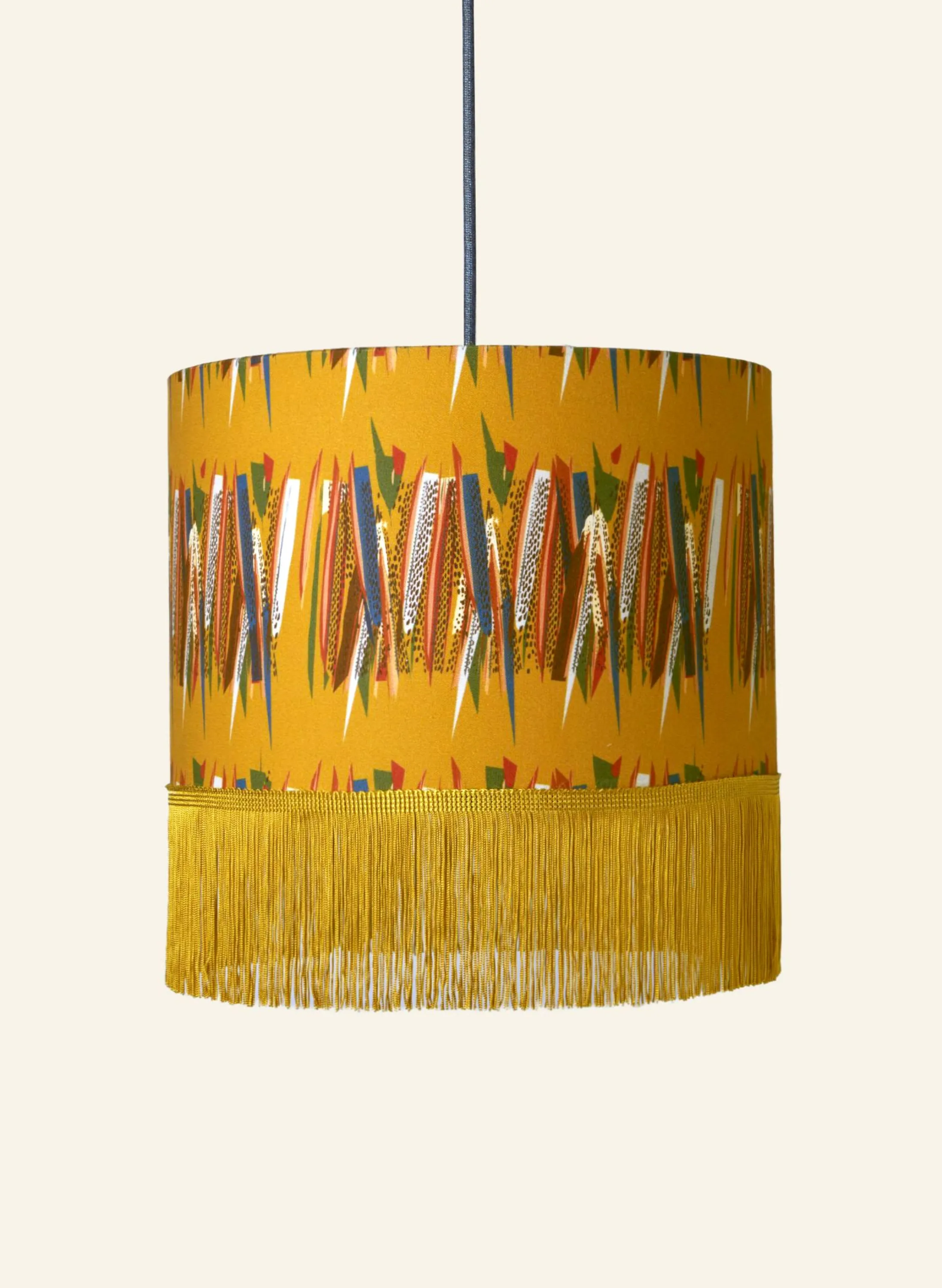 Palava Drum Fringe Lampshade - Mustard Mid-Century Feather New