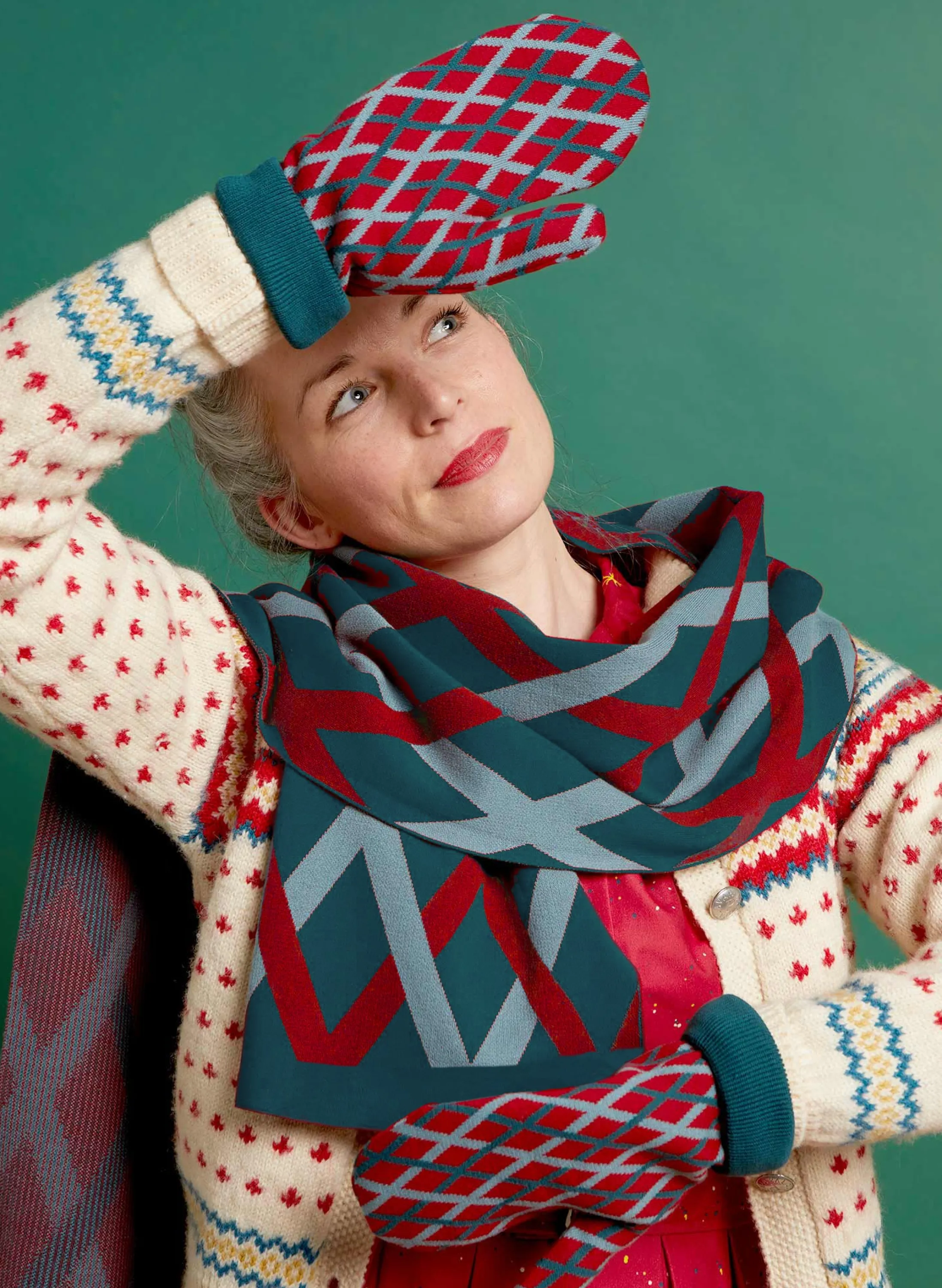 Palava Knitted Mittens - Teal Lattice Best