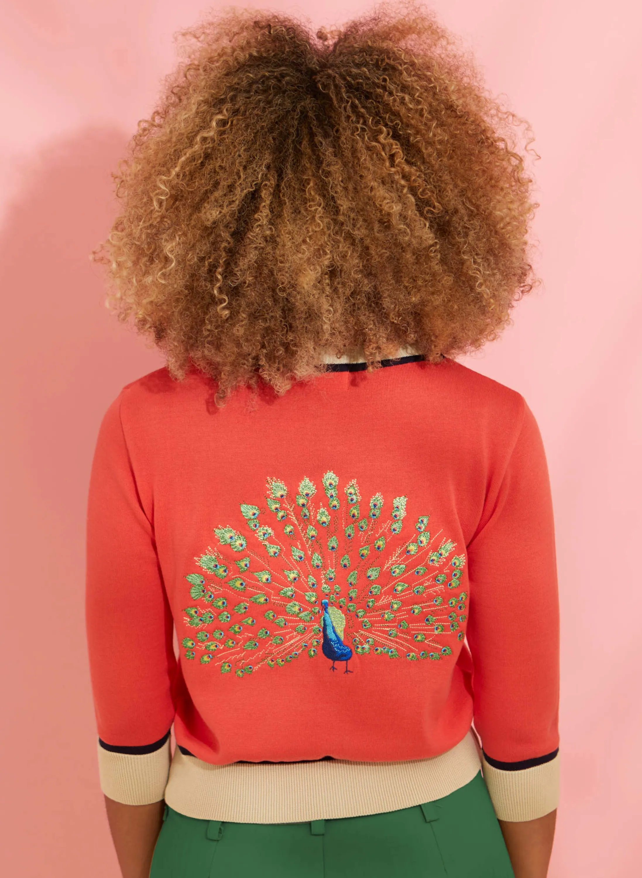 Palava Vera - Coral Peacock Embroidered Cardigan - 3/4 Sleeve Clearance