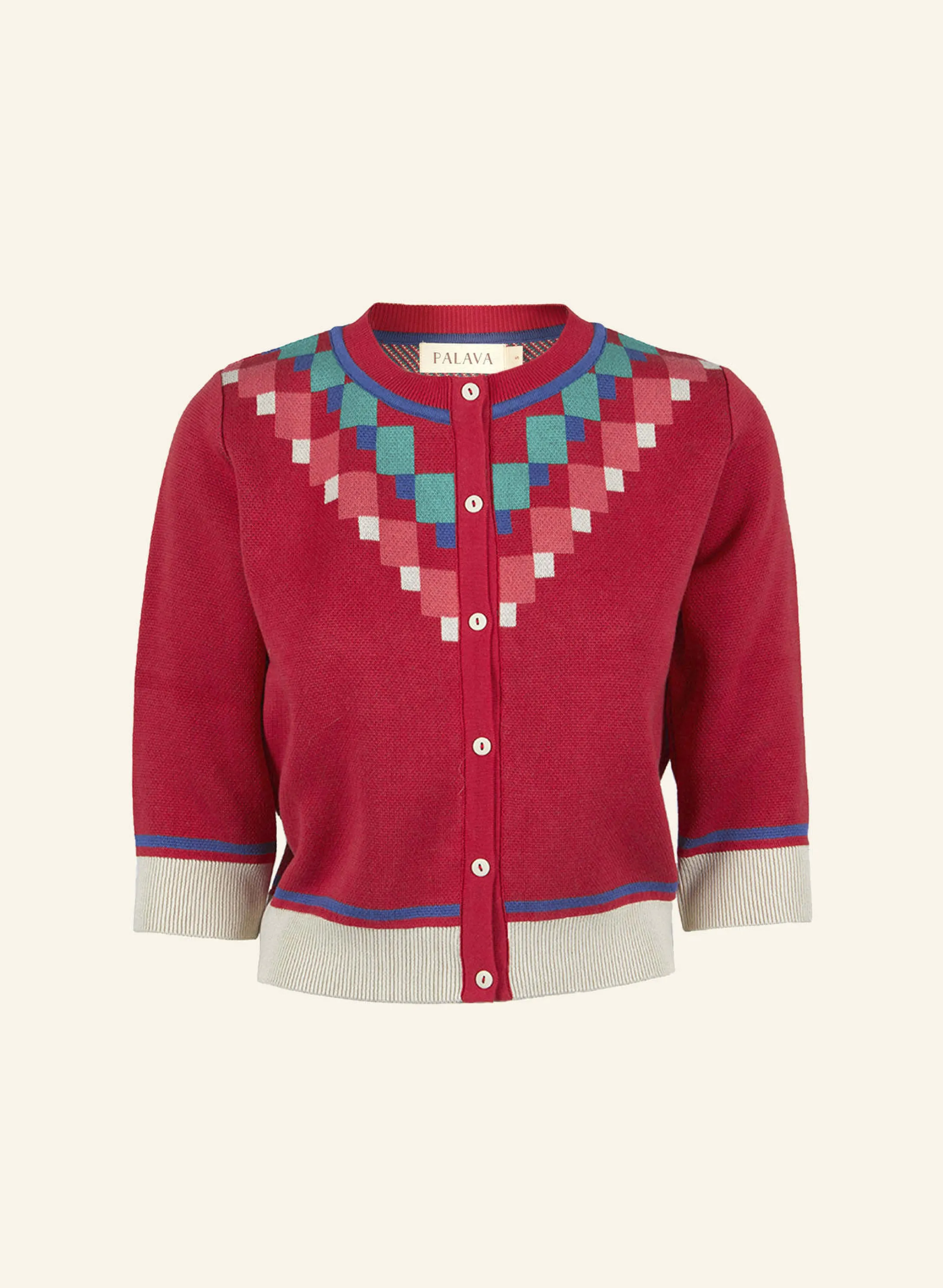 Palava Vera - Red Mexican Terrace Jacquard Cardigan - 3/4 Sleeve Best