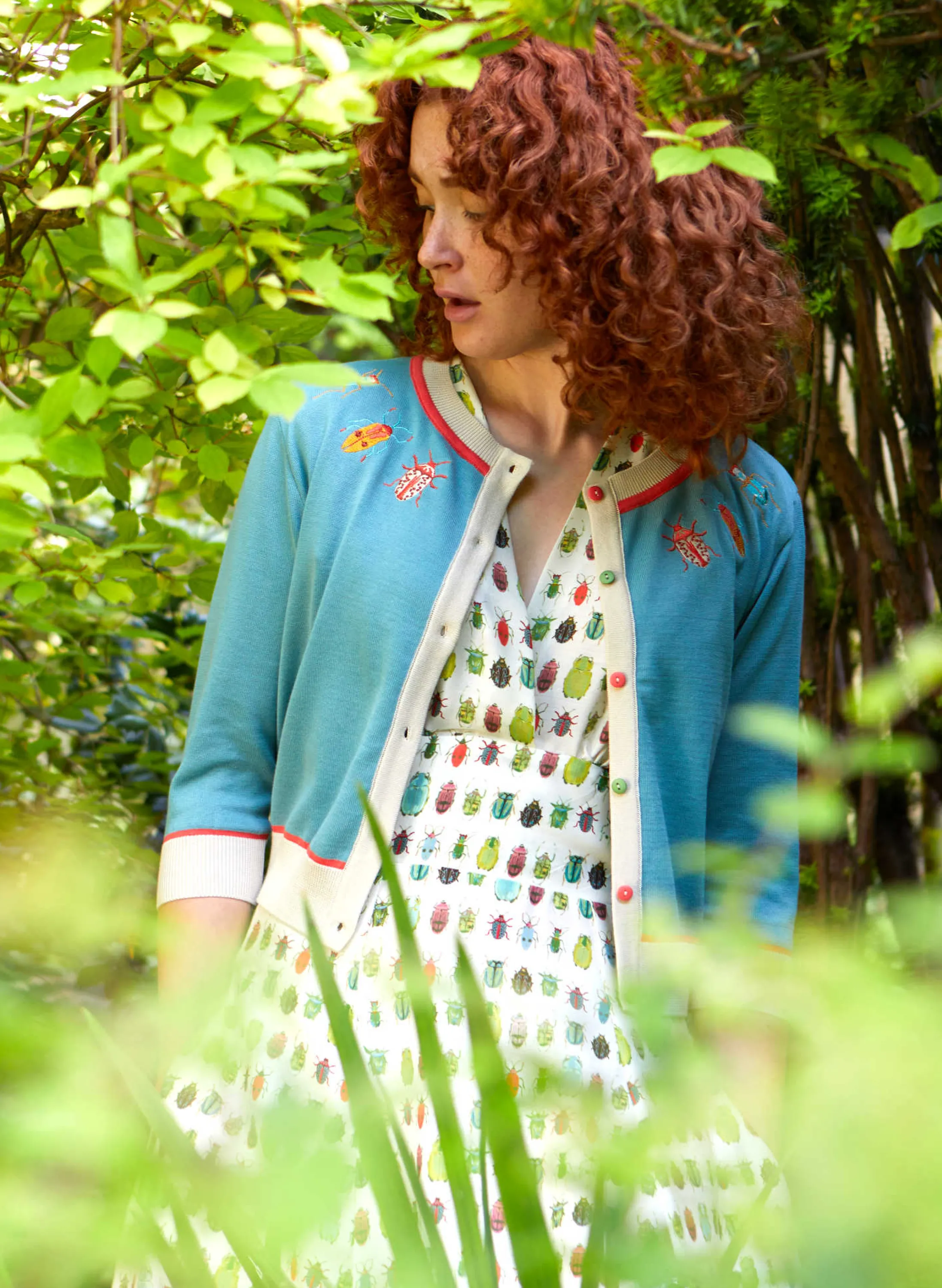 Palava Vera - Teal Bugs Embroidered Cardigan - 3/4 Sleeve Hot